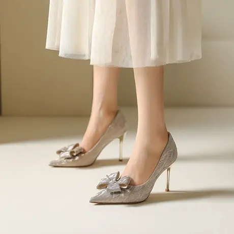 蝴蝶结高跟鞋女细跟2024年春夏季新款法式仙女风水钻百搭尖头单鞋商品大图