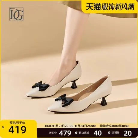 【商场同款】2024春季新款羊皮浅口蝴蝶结单鞋职业中跟酒杯跟女鞋商品大图