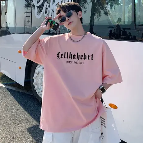 粉色短袖t恤男夏季新款青少年宽松半袖潮流男生橙色上衣重磅体恤商品大图