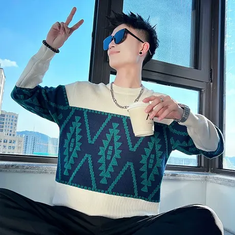 毛衣男秋冬款轻熟撞色菱格提花高级感ins宽松套头打底线衣针织衫商品大图