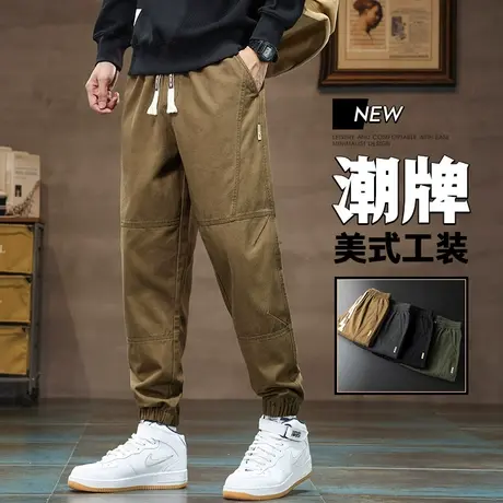 冬季加肥加大码胖子高级感束脚工装秋冬款男生卡其色美式休闲裤子商品大图