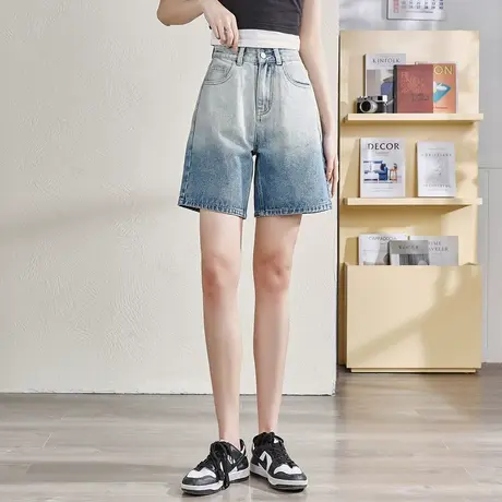 唐狮春夏季渐变牛仔短裤女韩版宽松中裤女显瘦高腰直筒5分裤子潮图片