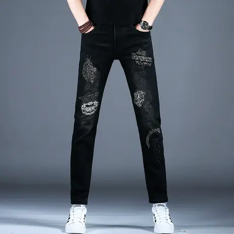 男士秋冬季新款刺绣烫钻牛仔裤男款时尚黑色修身小脚裤子厚款百搭商品大图