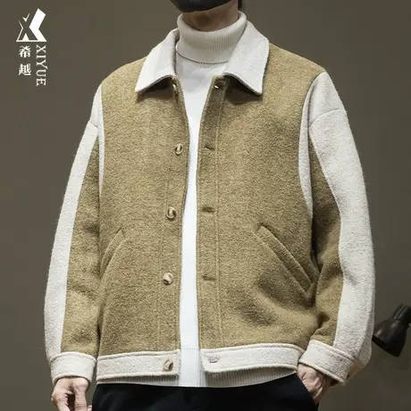 高端锦羊毛撞色拼接夹克男冬季新款保暖毛呢外套宽松大码男士休闲商品大图
