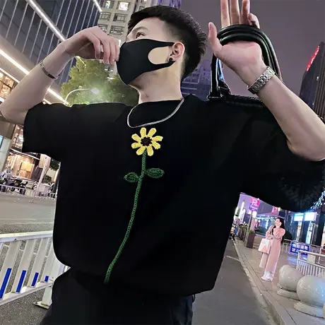 夏季男士t恤短袖宽松半袖潮流体恤潮牌重磅设计感个性花卉装饰ins商品大图