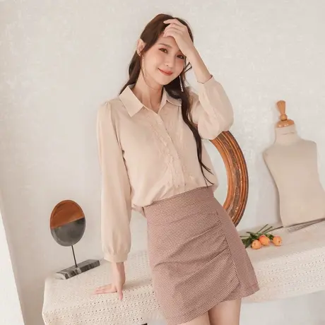 桔熊春秋法式复古纯色舒适蕾丝拼接长袖衬衫女胖妹妹大码AB13871商品大图