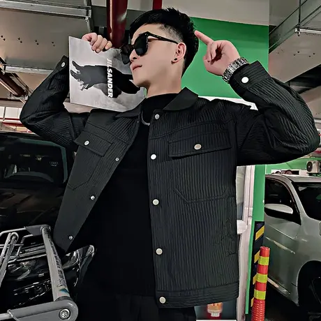 2023春秋季机车条纹翻领工装外套潮牌宽松复古高级感休闲夹克上衣商品大图