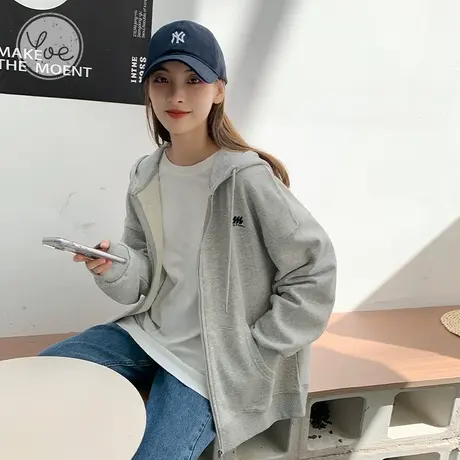 yoe2023春季灰色外套女连帽卫衣开衫休闲百搭宽松上衣女设计感ins商品大图