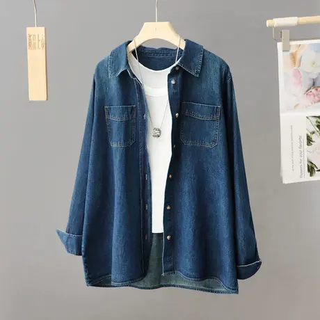 蓝色牛仔衬衫外套春装女2024年新款港风高级感日系复古慵懒风衬衣商品大图