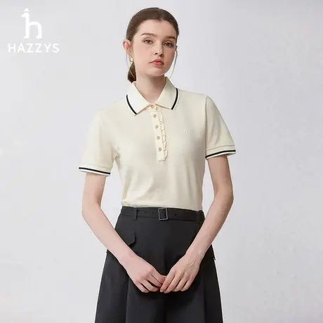 【纯棉舒适】Hazzys哈吉斯2024春夏季新品木耳边门襟短袖polo衫女图片