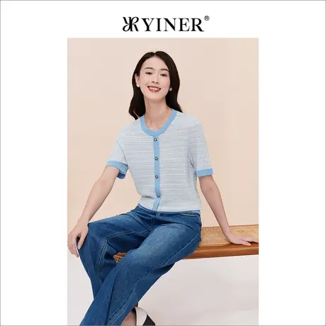 YINER音儿专选女装夏季优雅短袖撞色收袖针织衫上衣图片