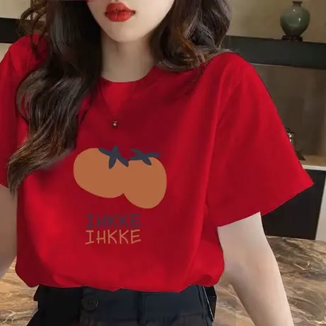 本命年新款2024龙年纯棉红色圆领短袖T恤女半袖情侣宽松正肩上衣图片