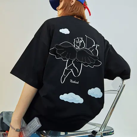 日系潮牌宽松贴布刺绣丘比特T恤男潮中性风大码短袖潮流夏季半袖商品大图