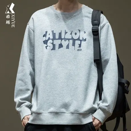 希越潮牌美式花灰色卫衣男2024春季新款宽松大码重磅印花圆领男装商品大图