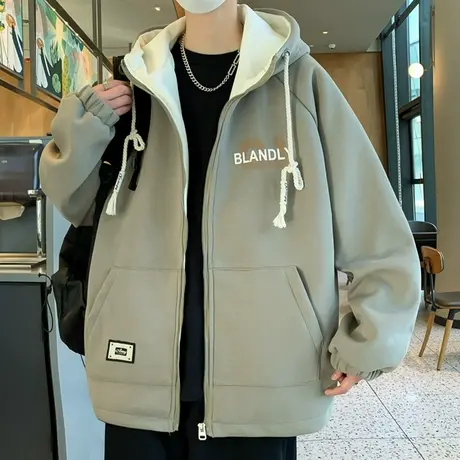 连帽夹克男春秋季新款休闲宽松上衣服男装青少年潮牌印花帅气外套图片