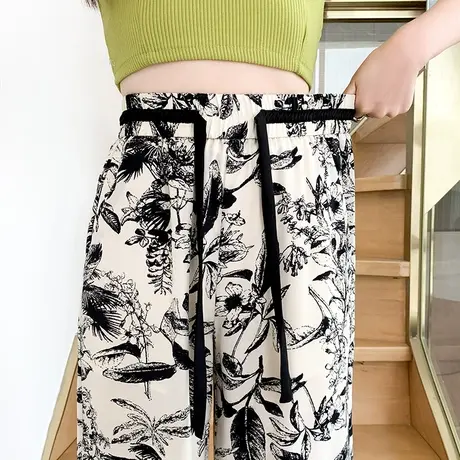 印花冰丝阔腿裤女夏季薄款高腰显瘦民族风休闲垂感窄版直筒拖地裤图片