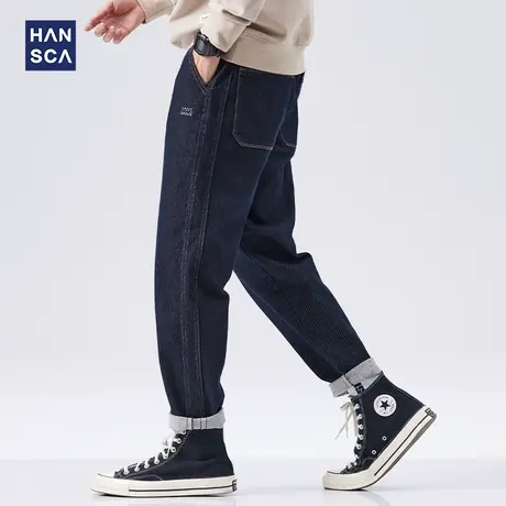 hansca深蓝色牛仔裤男秋季新款韩版潮流直筒宽松复古弹力水洗长裤商品大图