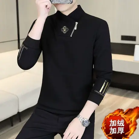 半高领卫衣男士假两件V领拉链休闲百搭打底衫加绒加厚长袖T恤上衣商品大图