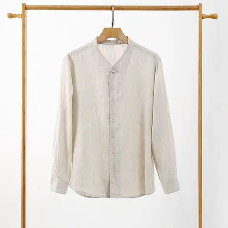 亚麻休闲衬衫男盘扣蓝色衬衣男士新中式百搭春秋款外套国风宽松潮图片