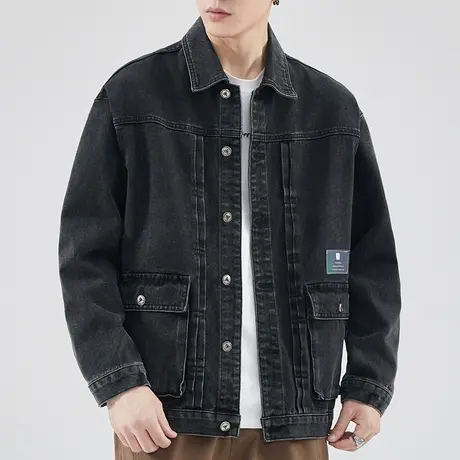 男装宽松潮牌开衫排扣翻领牛仔夹克外套春秋款男生高端长袖上衣服图片