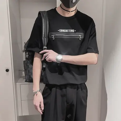 韩版小众短袖T恤男夏季ins个性拉链设计感半袖上衣圆领半截袖体恤图片