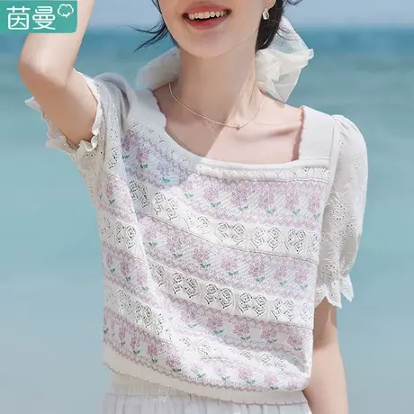 茵曼奶甜系小个子法式泡泡袖针织衫女2024夏季新款方领上衣T恤图片