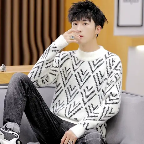 青少年毛衣男半高领仿水貂绒男士针织衫慵懒风加厚保暖内搭毛线衣商品大图