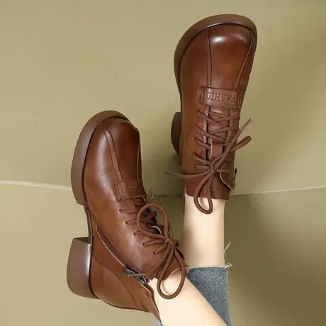 2023新款秋冬大码加肥加宽女靴41-43平底低跟小跟真皮加绒短靴商品大图