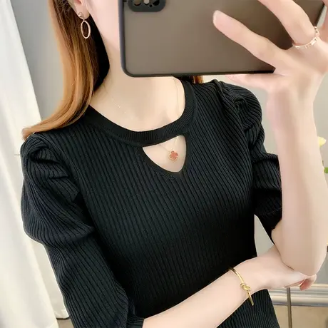 圆领中袖冰丝针织衫女2023春装新款修身外穿泡泡袖上衣镂空打底衫图片