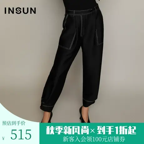 恩裳春秋季设计师联名款都市摩登黑色绵羊毛烟管裤宽松西裤图片