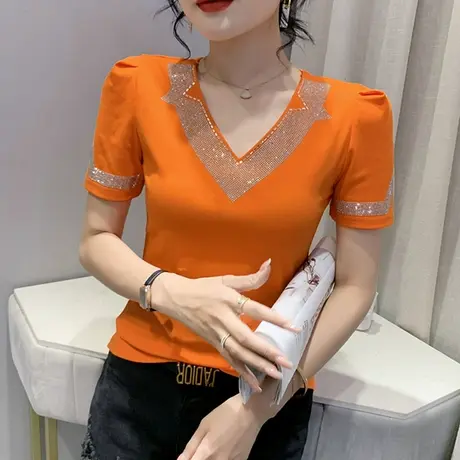 性感V领烫钻T恤女短袖2023夏季新款洋气重工小衫修身百搭上衣欧货商品大图