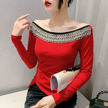 气质一字领长袖T恤女2023秋季新款性感露肩上衣网纱拼接打底衫潮商品大图