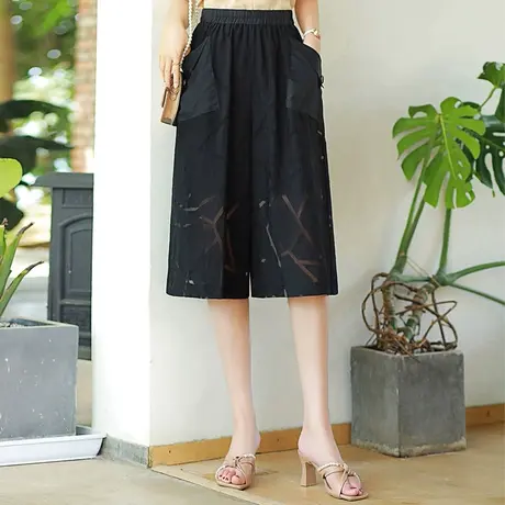 裙裤子女夏季薄款镂空蚕丝阔腿裤2023新款大码宽松高腰七分休闲裤商品大图