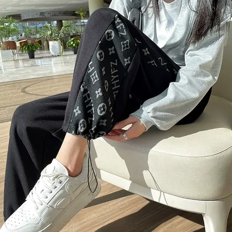印花运动裤女春秋2023年新款高腰阔腿宽松显瘦休闲束脚两穿卫裤潮图片