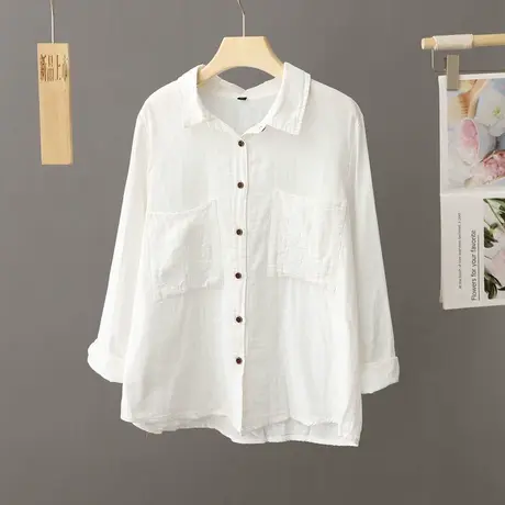 棉纱白色简约款衬衫女春秋季2023新款宽松休闲衬衣设计感小众上衣商品大图