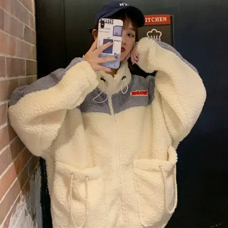 vetiver卫衣女秋冬宽松韩版bf慵懒风上衣羊羔毛加绒加厚外套潮ins商品大图