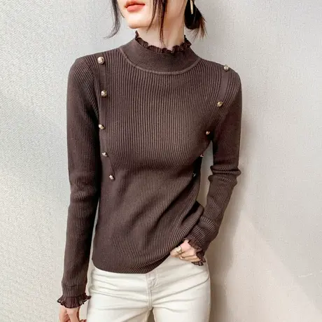 蕾丝拼接上衣女2023早春新款纯色洋气漂亮打底设计感小众针织衫商品大图