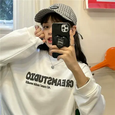 红续美式复古圆领小众卫衣女oversize宽松百搭街头黑白上衣ins潮图片