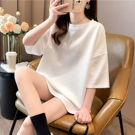 短袖t恤女夏季韩版宽松大码女装中长款设计感小众早春体桖上衣服商品大图