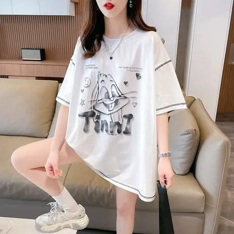 小众设计感短袖t恤女2023新款夏季韩版宽松大码中长款撞色上衣服图片