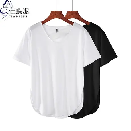 夏季新款韩版中长款下衣失踪宽松下摆圆弧纯色纯棉短袖体恤上衣女商品大图