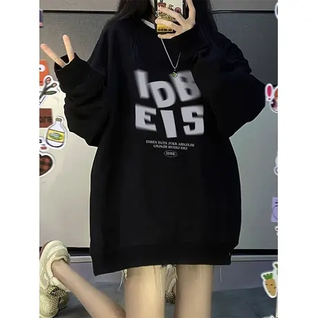 oversize设计感幻影字母卫衣女秋冬加绒加厚ins潮牌宽松大码上衣图片