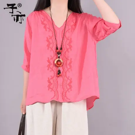 子亦夏装新款高端苎麻文艺复古绣花V领休闲宽松气质衬衫上衣商品大图
