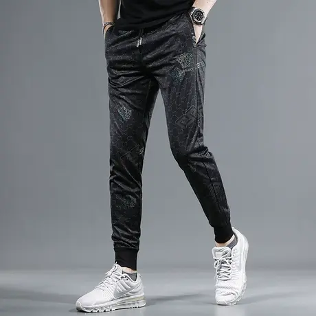 夏季冰丝休闲裤男黑色修身束脚男士松紧腰时尚刺绣弹力薄款裤子男商品大图