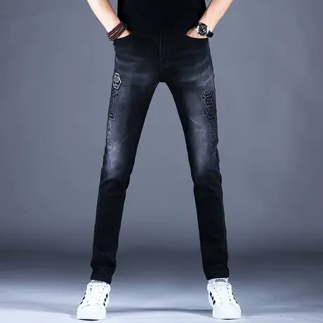 2023男士新款牛仔裤男黑色夏季修身刺绣原宿风小脚裤百搭潮牌百搭商品大图