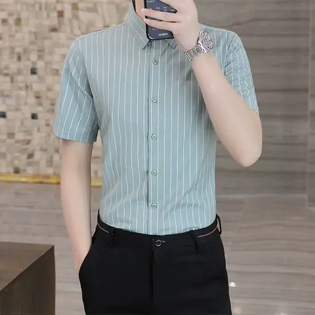 条纹男士短袖衬衫高级感商务职业正装夏季薄款痞帅修身免烫衬衣男商品大图