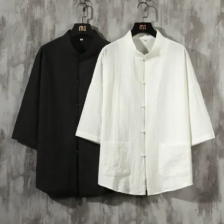 秋季薄款立领七分袖改良中国风盘扣衬衫青年男士棉麻纯色口袋上衣商品大图