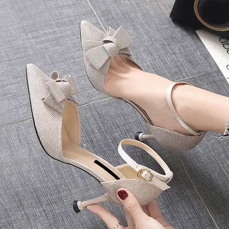 超烫高跟鞋2023新款百搭春款尖头一字带蝴蝶结单鞋女仙女风小清新商品大图