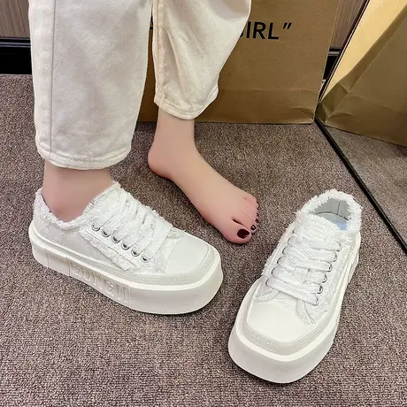 帆布鞋女2023夏季新款百搭厚底方头小白鞋乞丐休闲板鞋港风运动鞋图片