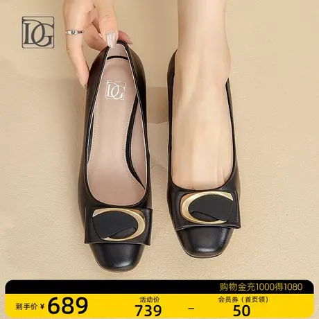 真皮浅口单鞋女粗跟新款春秋通勤黑色工作鞋妈妈皮鞋高跟鞋子商品大图